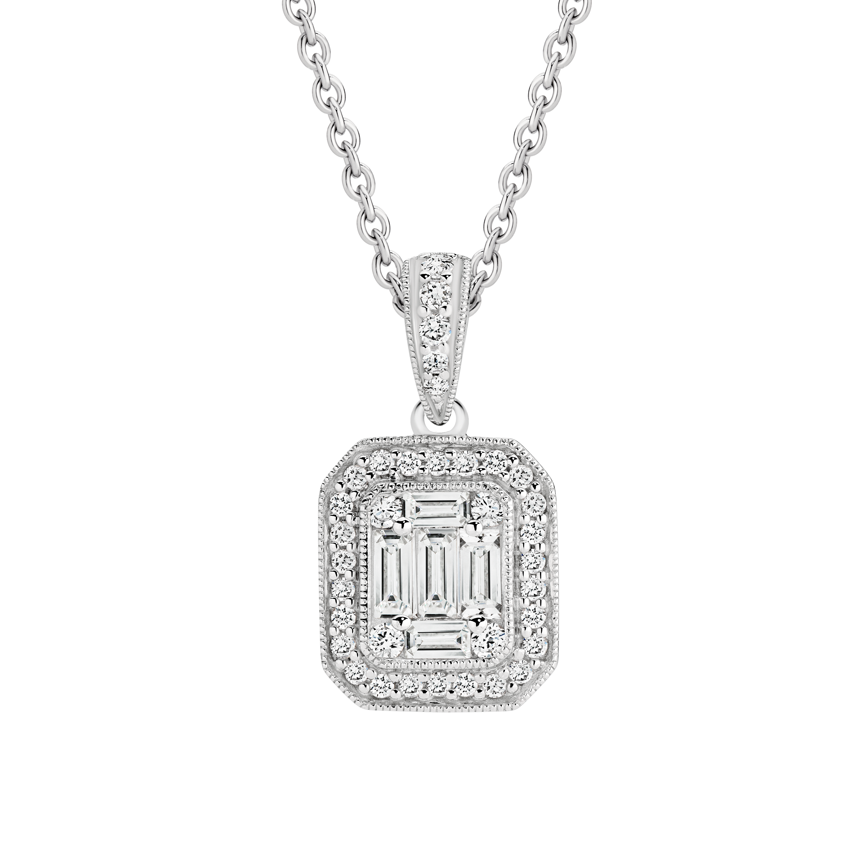 18ct Invisible Set Baguette Diamond Pendant and Chain